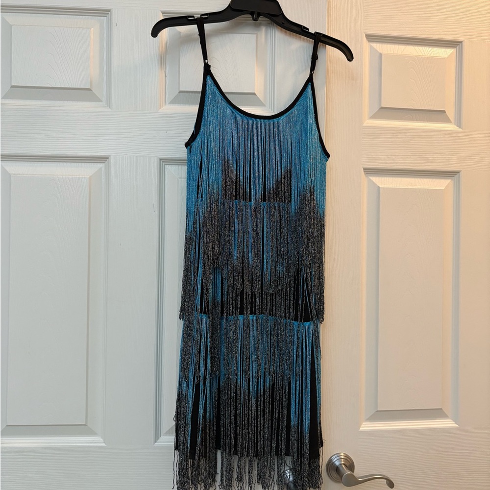 Elegant Blue and Black Fringe Dress